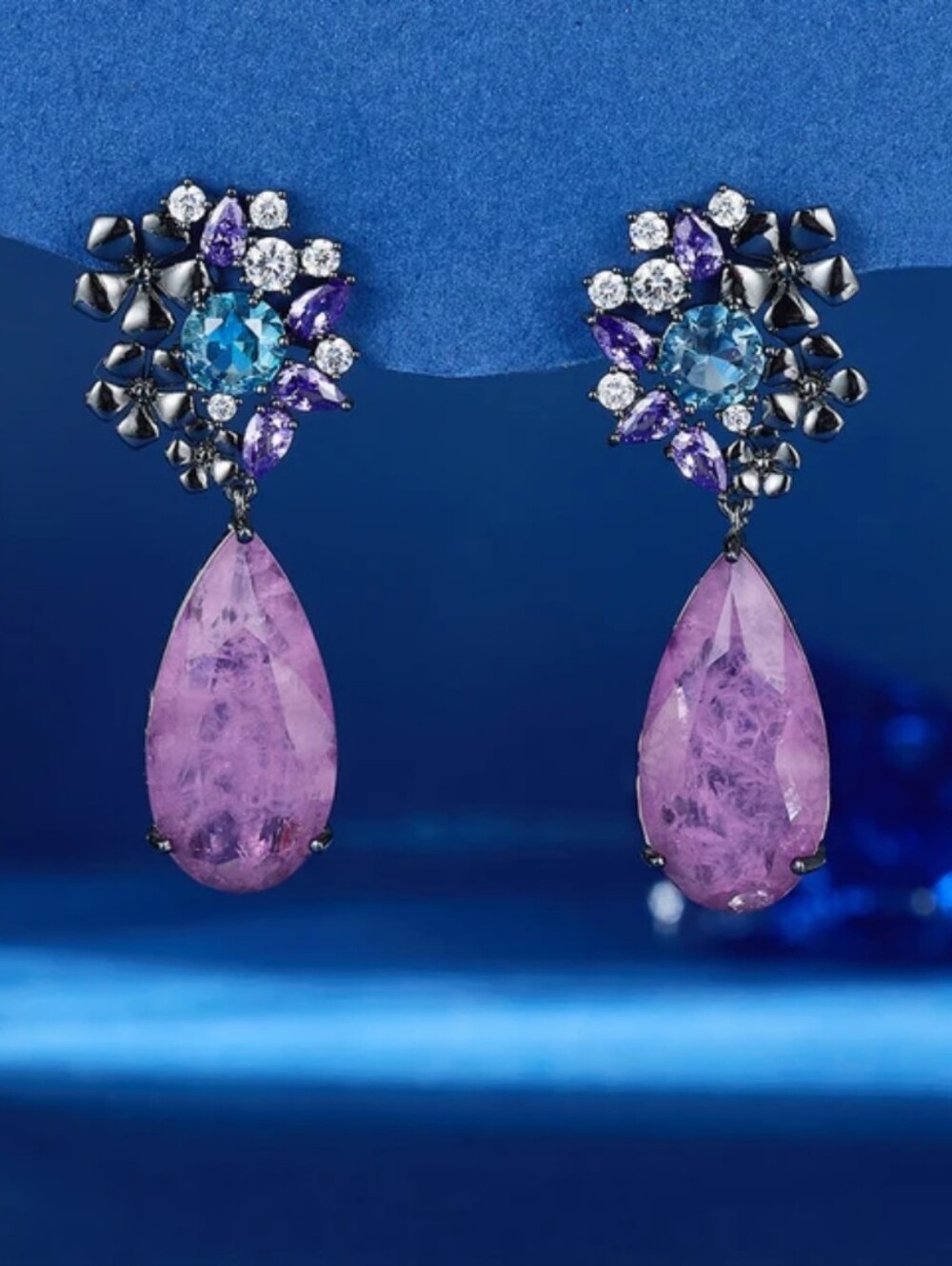 Gold Floral Drop Earrings with Teal Teardrop Stones and Lavender Accents.